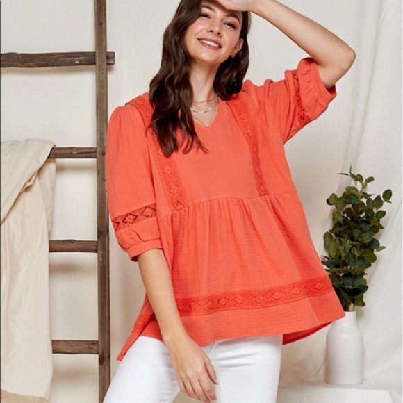Bright Orange V Neck Gauzy Cotton Lace Trim Babydoll Short Sleeve Top S M L XL